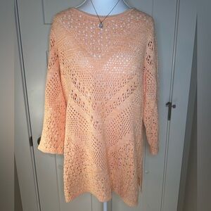 Chico’s Peach Open-Knit Lace Sweater Tunic 3/4‎ Sleeve Sz 2 (L)